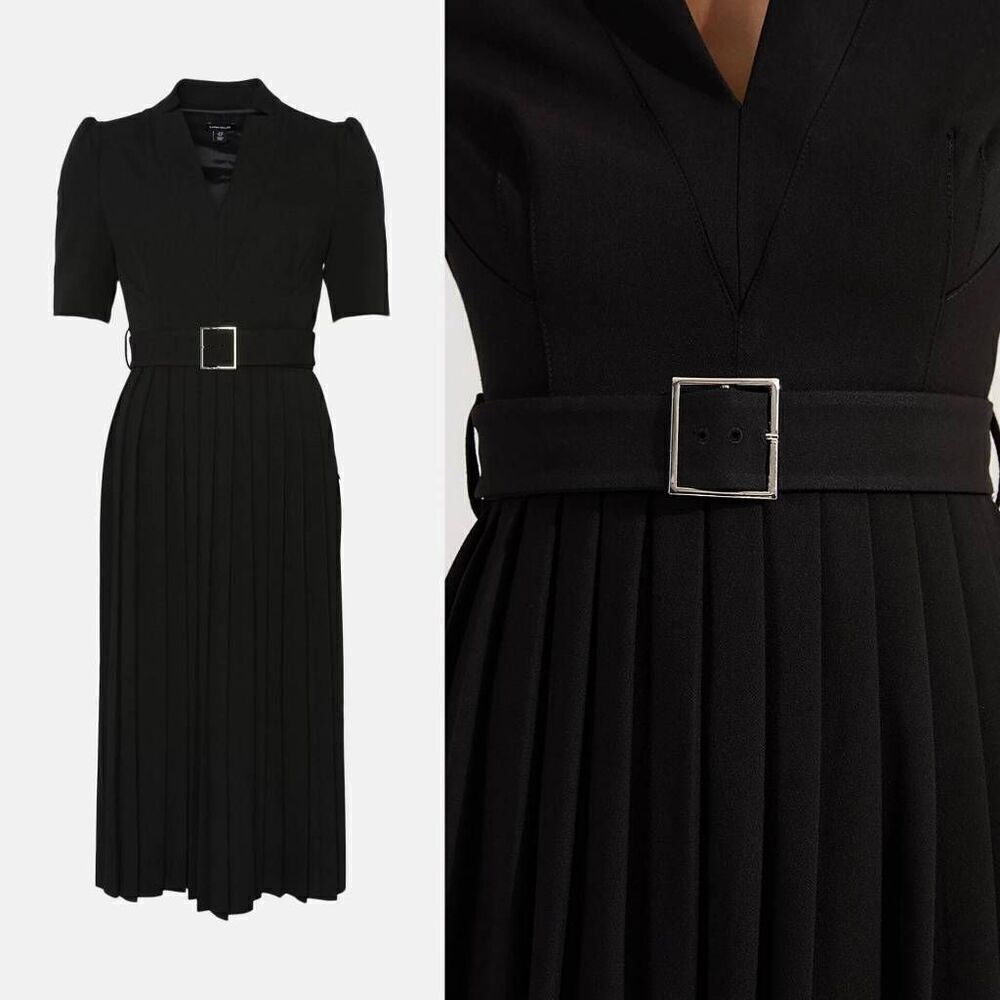 Karen millen Tailored Structured Crepe Forever Pleat Belted Midi Dress US 6 $399 - Picture 2 of 12